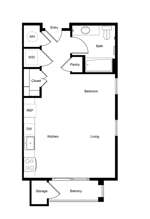 Floor plan for studio, 1 bath, 510 sqft